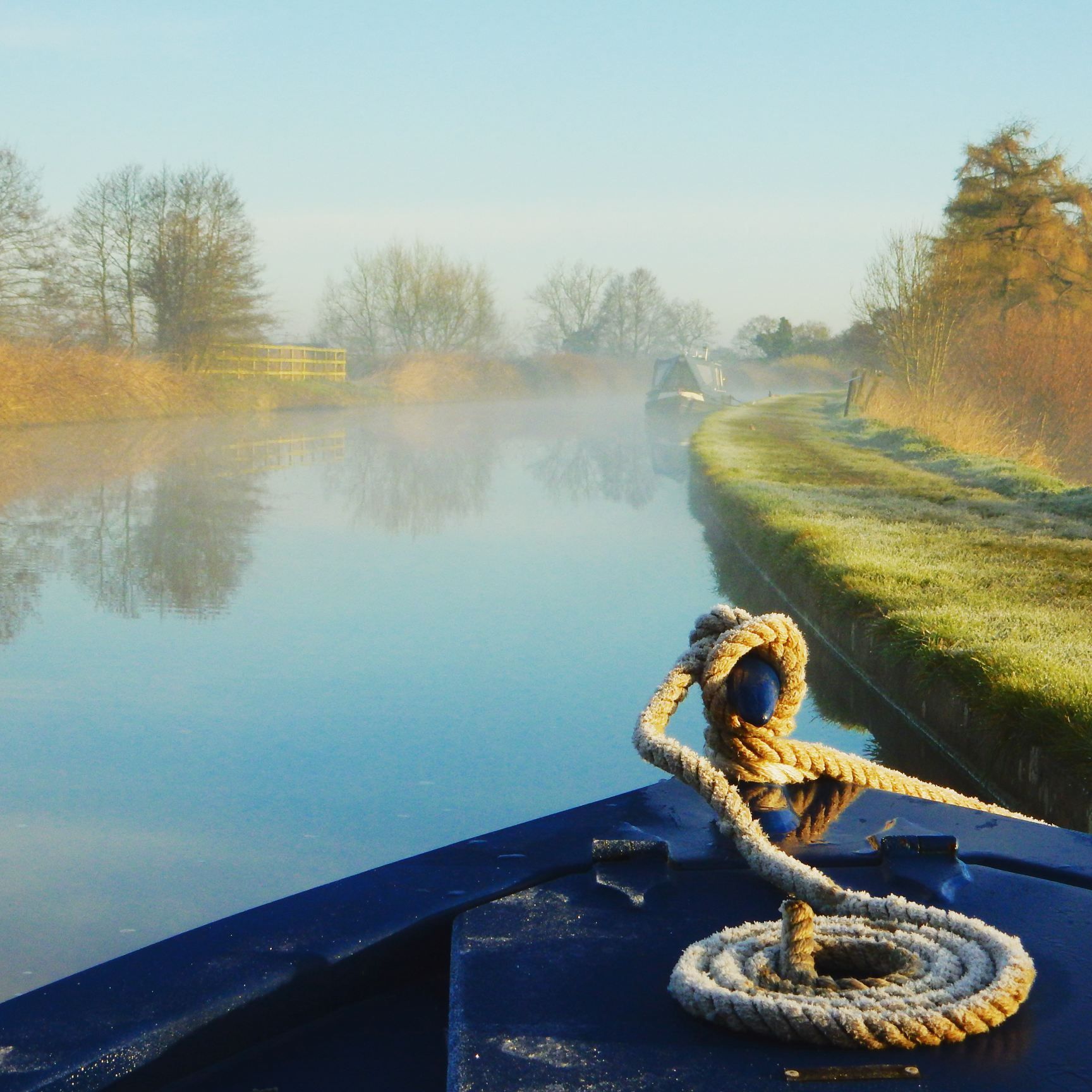 Bow of Mandarin with early morning sun breaking through the mist